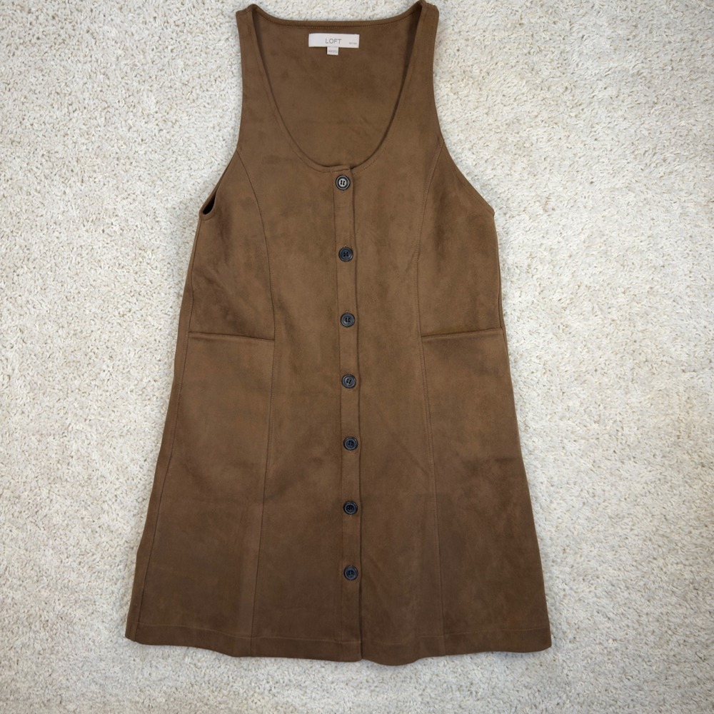 LOFT Faux Suede Jumper Dress Womens XXSP Brown Button Front Mini Boho Pinafore